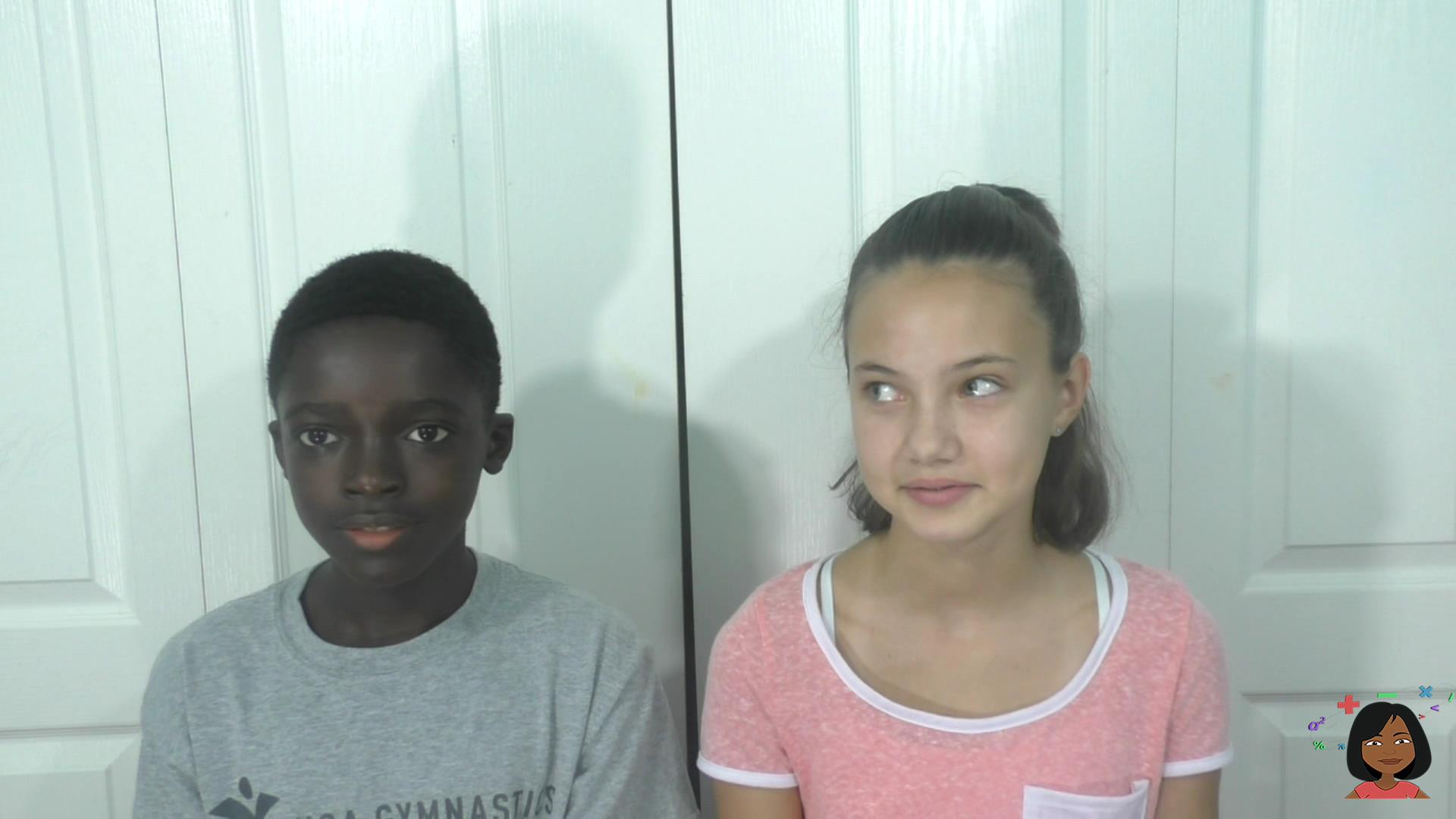 Two young students stand side by side telling jokes for Nicole the Math Lady's Corny Brain Breaks