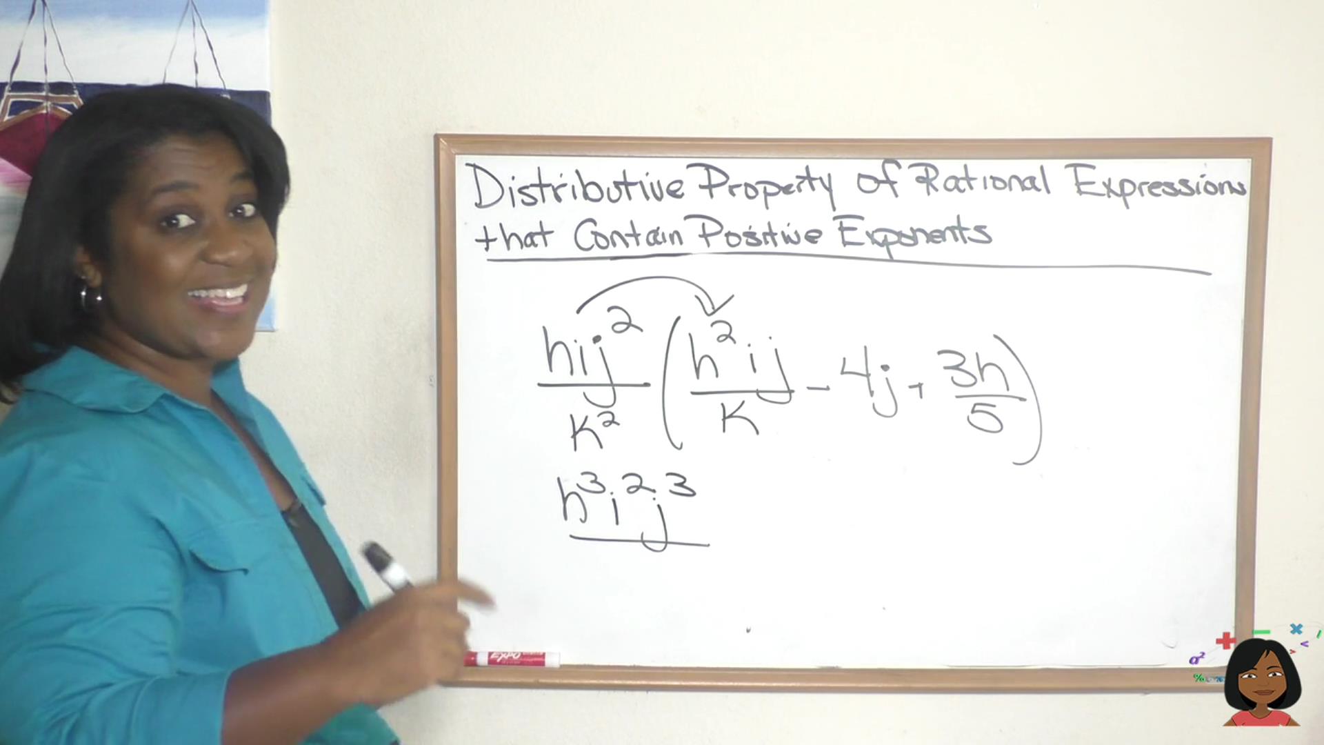 Nicole the Math Lady smiling, standing by her whiteboard to work on the math problem that is written out with explanations