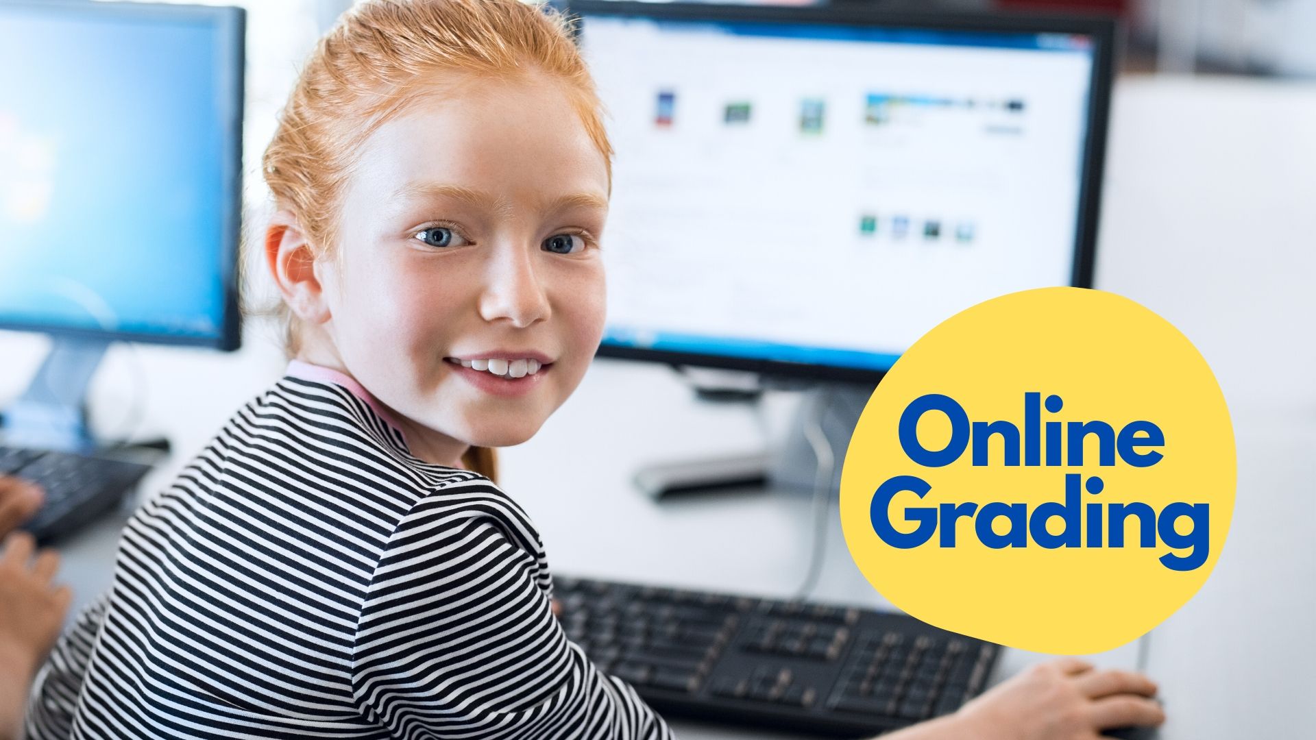 Smiling student using Nicole the Math Lady grading on her computer for her Saxon Math homeschool lessons.
