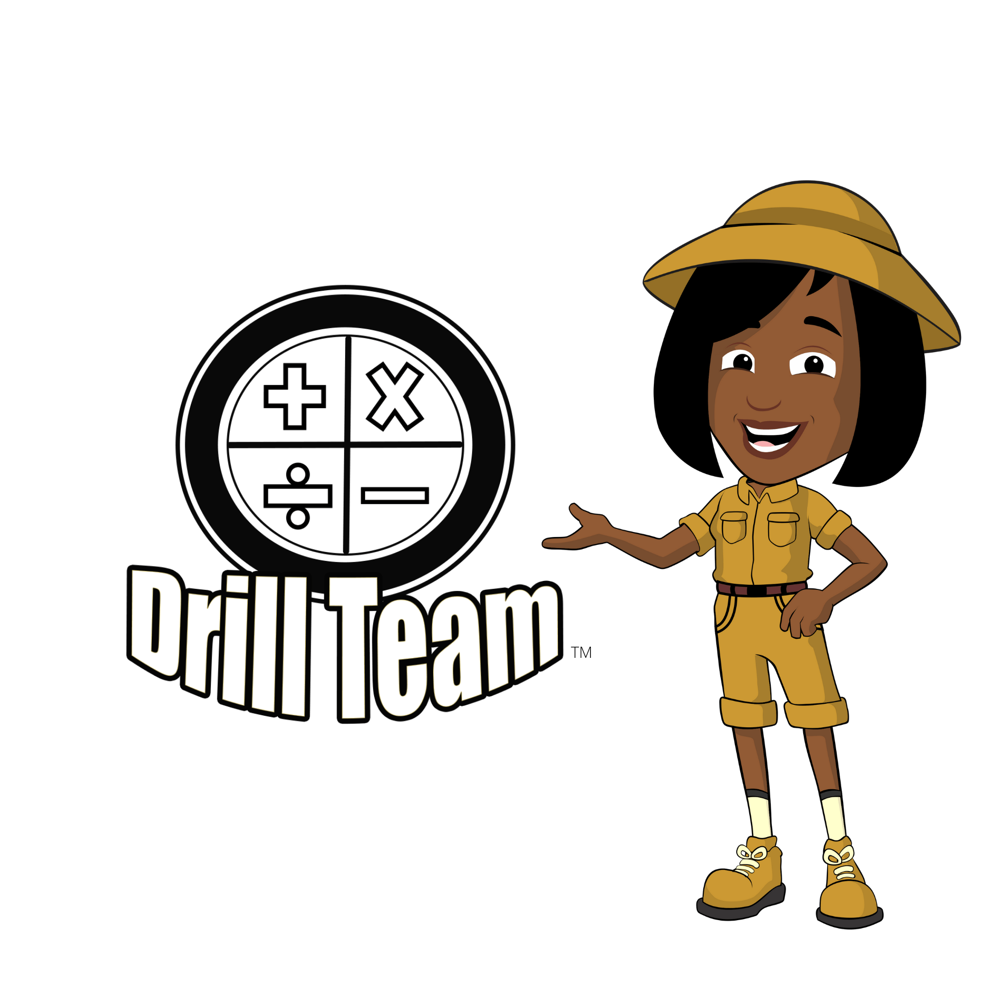 Animated Nicole the Math Lady character dressed in her Safari outfit for Drill Team Online Math Facts Program